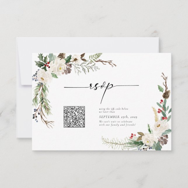 Invitation Calligraphie d'hiver Botaniques QR Code Mariage RS (Devant)