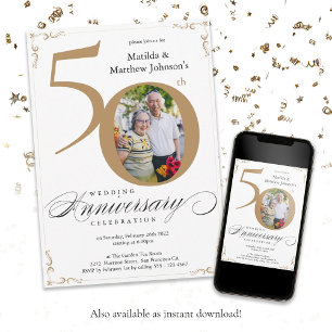 Invitation Calligraphie d'or blanc 50e anniversaire de Mariag