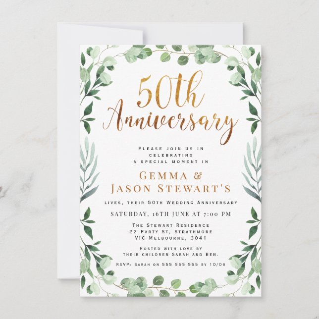 Invitation Calligraphie d'or de verdure 50e anniversaire de M (Devant)