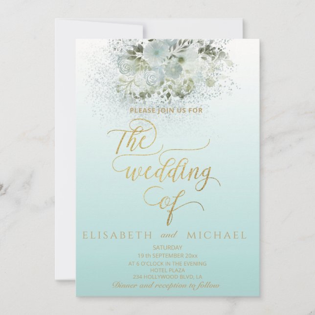 Invitation Calligraphie d'or floral bleu puriste (Devant)