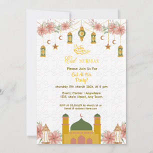 Invitation Calligraphie d'or Mosquée Fleurs mignonnes Aïd