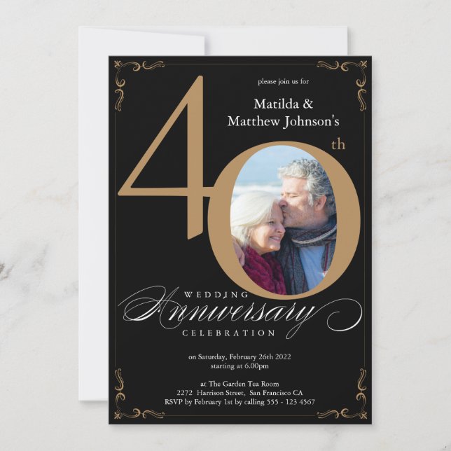 Invitation Calligraphie d'or noir 40e anniversaire de Mariage (Devant)