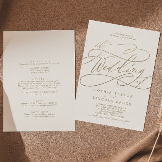 Invitation Calligraphie d'or romantique ivoire tout en un Mar