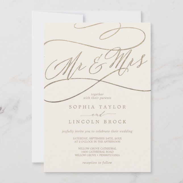 Invitation Calligraphie d'or romantique | Ivory M. & Mme Mari (Devant)