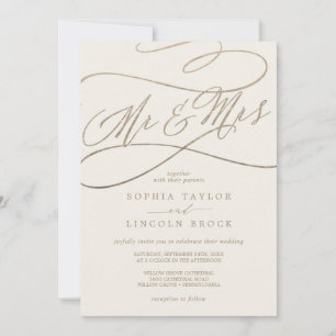 Invitation Calligraphie d'or romantique   Ivory M. & Mme Mari
