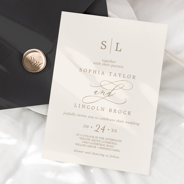 Invitation Calligraphie d'or romantique | Mariage de monogram (Créateur téléchargé)