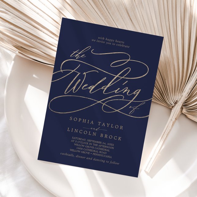 Invitation Calligraphie d'or romantique | Marine Le Mariage d (Créateur téléchargé)