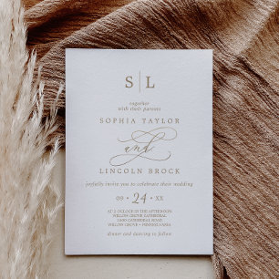 Invitation Calligraphie d'or romantique Monogramme Mariage