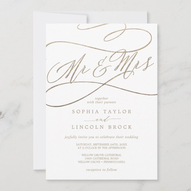 Invitation Calligraphie d'or romantique Mr & Mrs Mariage (Devant)