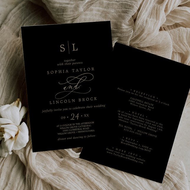 Invitation Calligraphie d'or romantique Noir tout en un Maria (Créateur téléchargé)