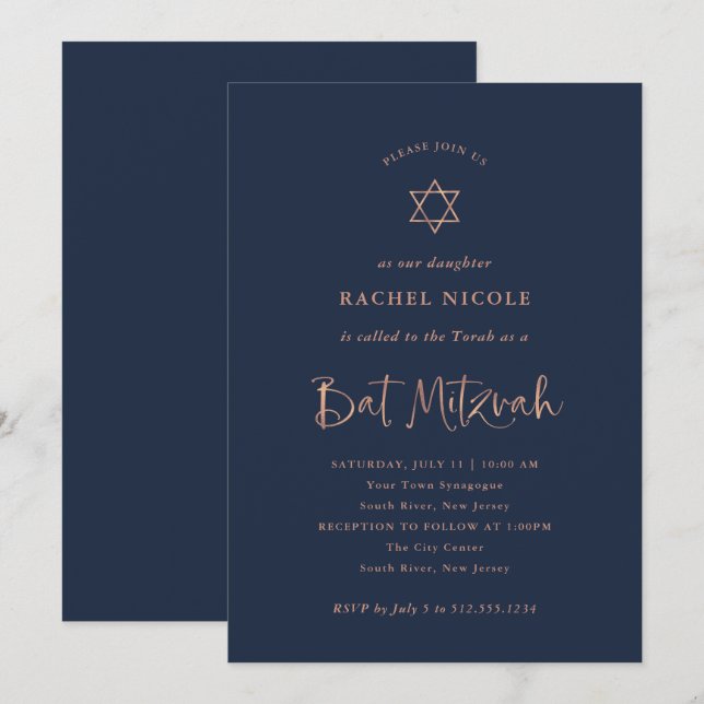 Invitation Calligraphie d'or Rose Faux sur Navy | Bat mitzvah (Devant / Derrière)