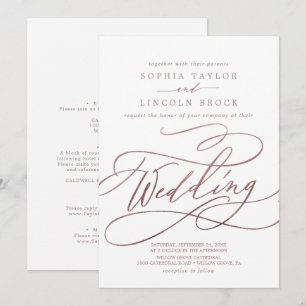 Invitation Calligraphie d'or Rose romantique   Détails Mariag