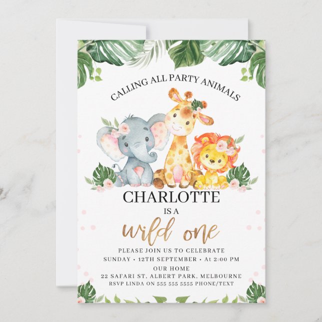 Invitation Calligraphie d'or Safari Wild One Birthday (Devant)