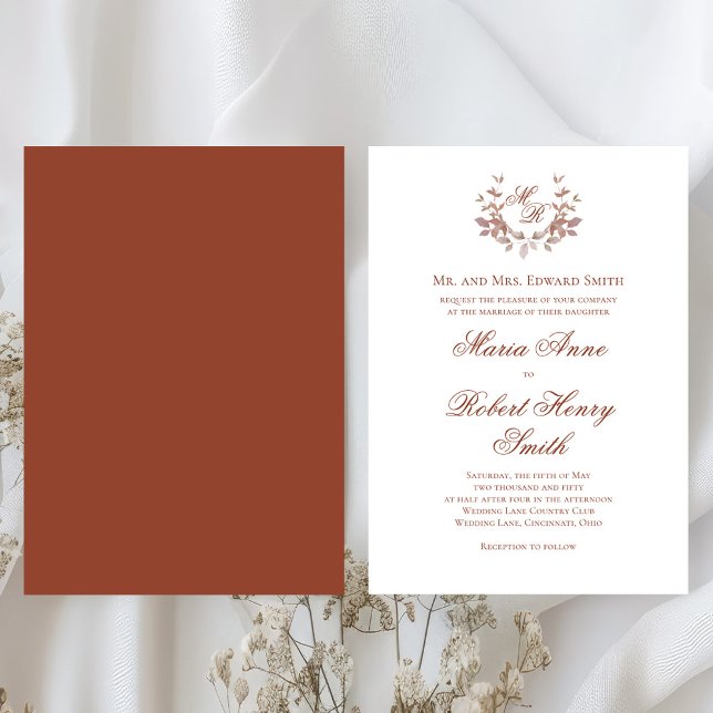 Invitation Calligraphie du vin de Bourgogne Script Monogramme (Elegant burgundy rust wedding invitations. )