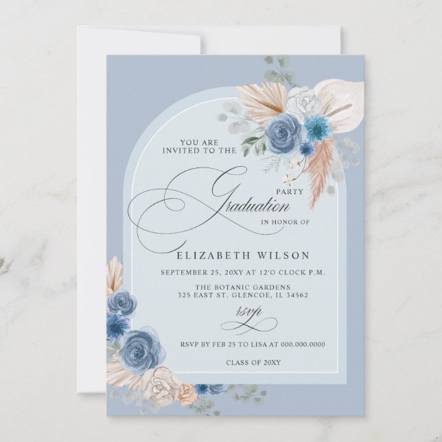 Invitation Calligraphie Dusty Blue Pampas Photo Graduation (Devant)