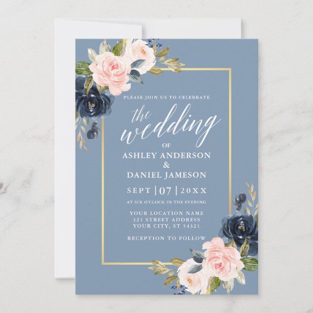 Invitation Calligraphie Dusty Blue Rose Floral Gold Frame (Devant)