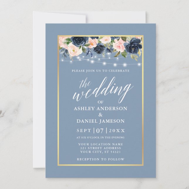 Invitation Calligraphie Dusty Blue Rose Floral Lumières Maria (Devant)