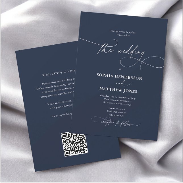 Invitation Calligraphie Elegant QR Code Marine Mariage bleu (Créateur téléchargé)