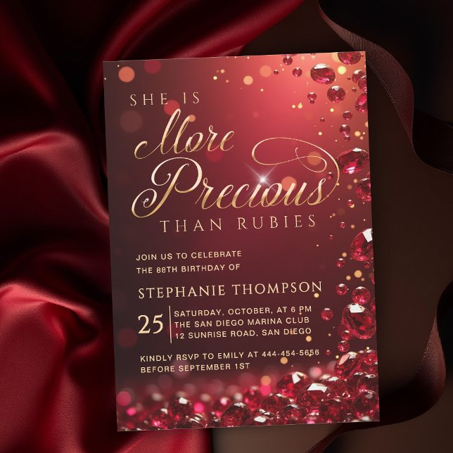 Invitation Calligraphie élégante Or Rouge Rubis 80ème Anniver (elegant birthday invitation for mom ruby red gold more precious than rubies bible quote calligraphy)