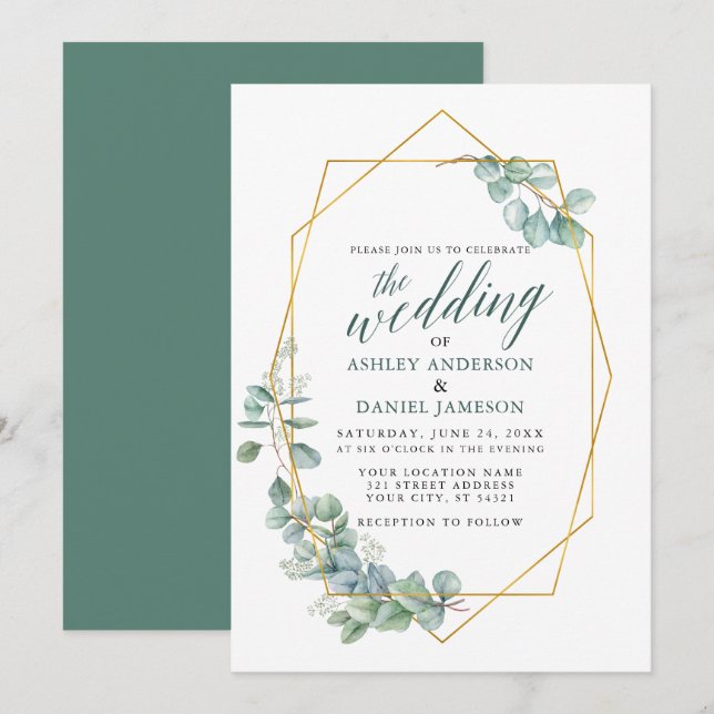 Invitation Calligraphie Eucalyptus Verdure Mariage Gold Frame (Devant / Derrière)