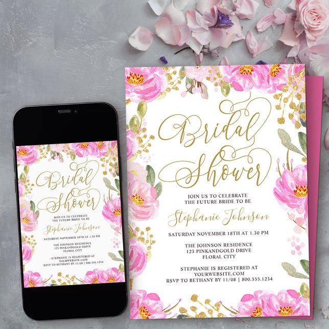 Invitation Calligraphie Fête des mariées rose et or Floral (Bridal Shower invitation from my Pink and Gold Watercolor Floral Collection
)