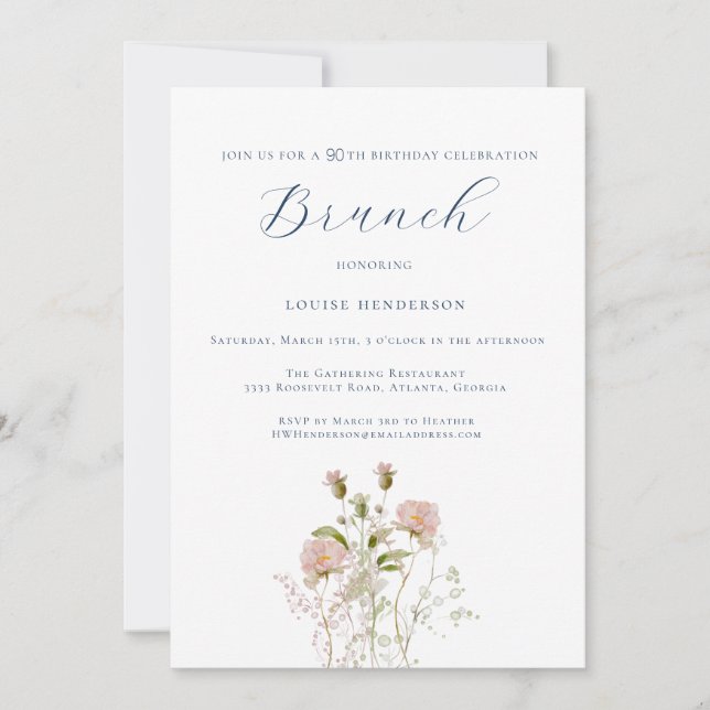 Invitation Calligraphie Fleur sauvage aquarelle 90e anniversa (Devant)