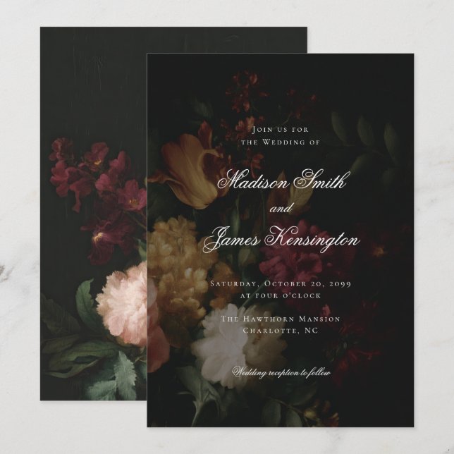 Invitation Calligraphie Fleurs de Chute Noire Mariage (Devant / Derrière)