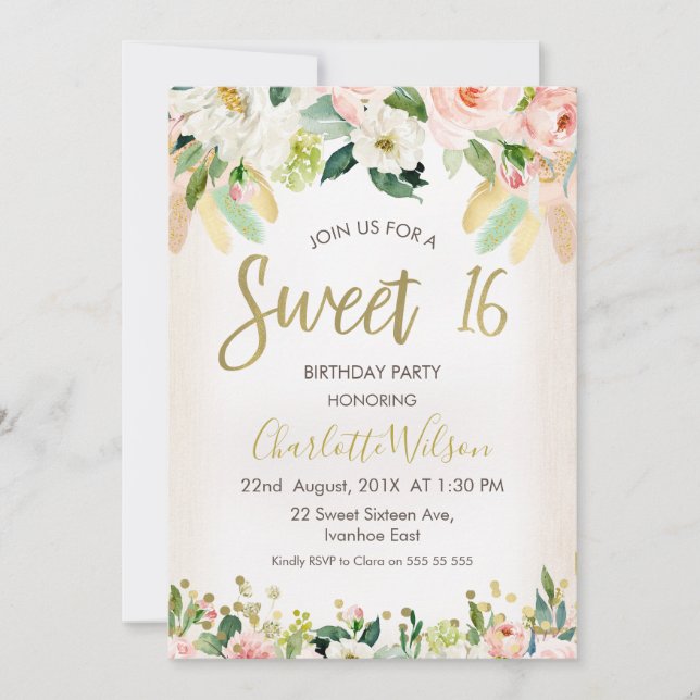 Invitation Calligraphie Floral Boho 16e anniversaire Invitati (Devant)