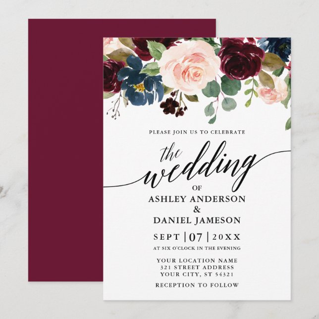 Invitation Calligraphie Floral Bourgogne rose Mariage bleu (Devant / Derrière)