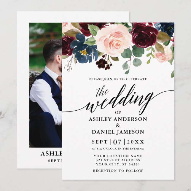 Invitation Calligraphie Floral Bourgogne rose Mariage photo (Devant / Derrière)