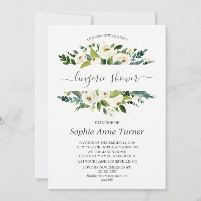 Invitation Calligraphie florale blanche délicate Lingerie Dou (Devant)