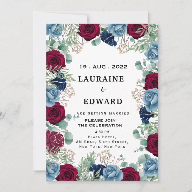 Invitation calligraphie florale blanche rose rouge et bleue  (Devant)