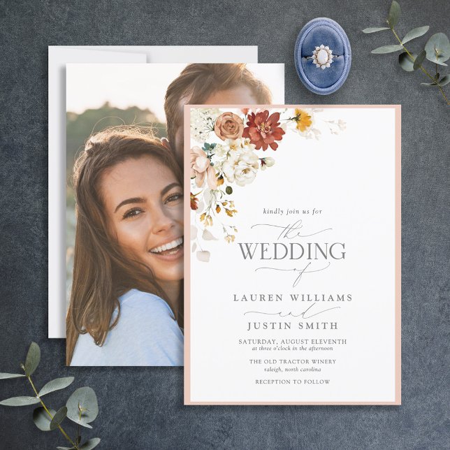 Invitation Calligraphie florale chaude Mariage photo (Créateur téléchargé)