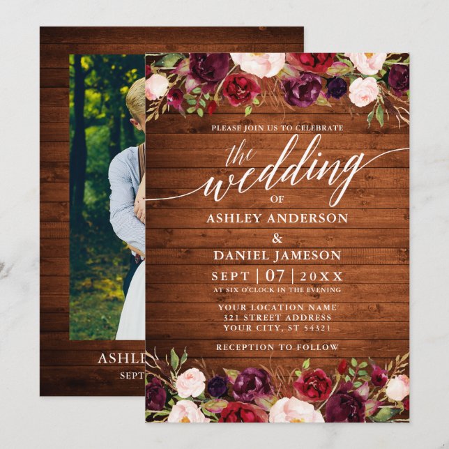 Invitation Calligraphie florale en bois rustique Mariage phot (Devant / Derrière)