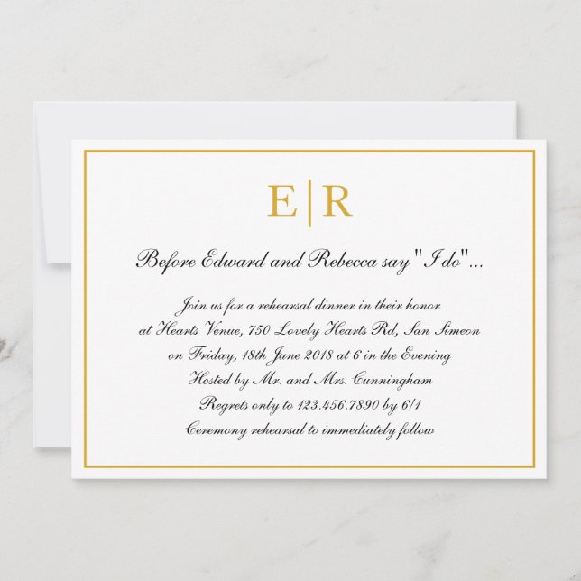Invitation Calligraphie Formelle Monogramme Or Dîner De Répét (Devant)