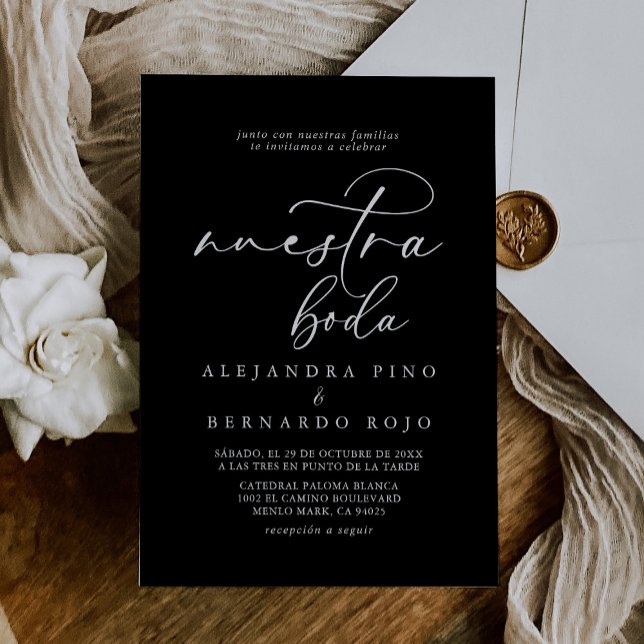 Invitation Calligraphie Formelle Noir et Blanc Nuestra Boda (Créateur téléchargé)