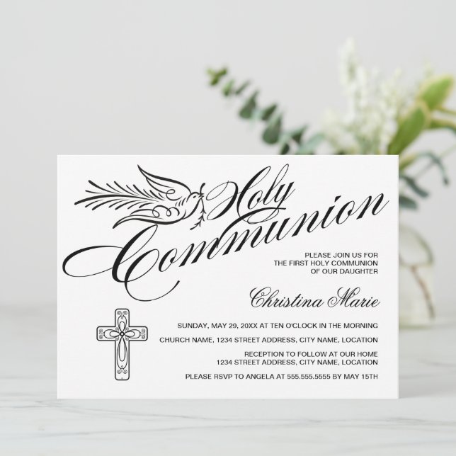 Invitation Calligraphie La colombe et la première communion s (Debout devant)