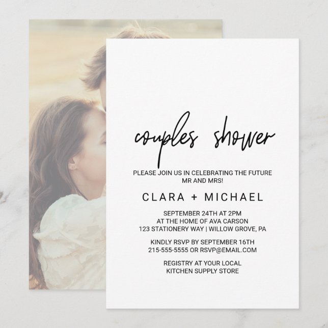 Invitation Calligraphie lunaire | Photo Retour Couples Douche (Devant / Derrière)