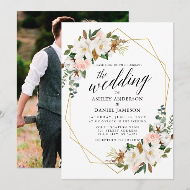 Invitation Calligraphie Magnolias Rose Mariage photo Gold (Devant / Derrière)