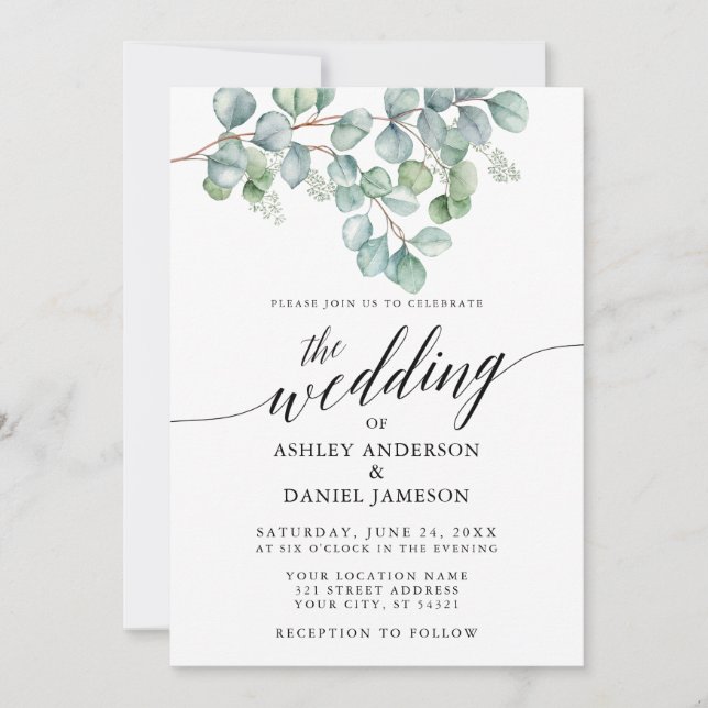 Invitation Calligraphie Mariage Aquarelle Eucalyptus Vert (Devant)