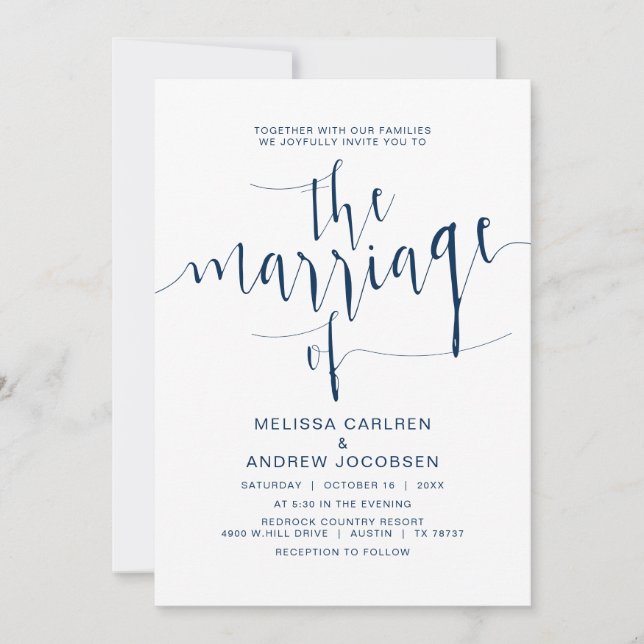 Invitation Calligraphie Mariage, bleu marine simple, mariage (Devant)