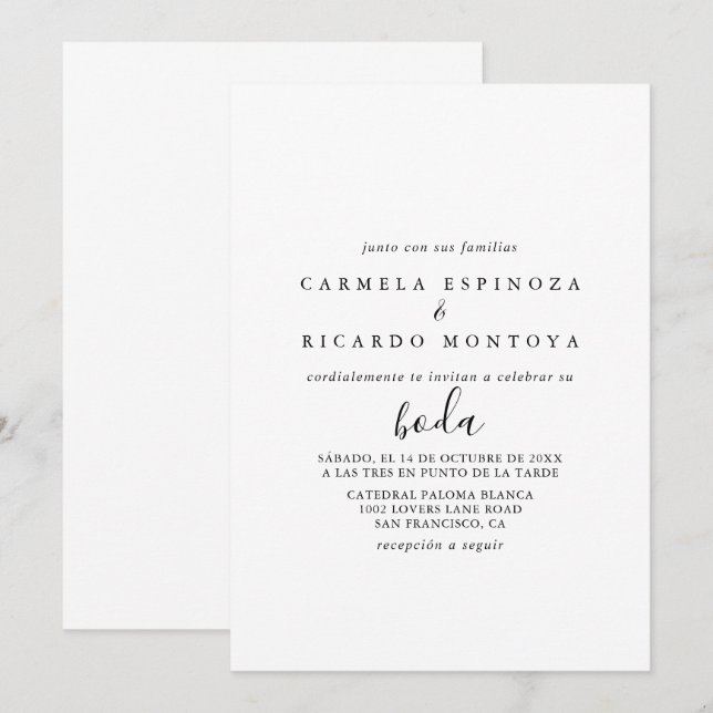 Invitation Calligraphie Mariage espagnol noir et blanc (Devant / Derrière)