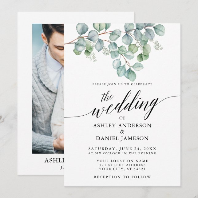 Invitation Calligraphie Mariage Eucalyptus Green Photo (Devant / Derrière)