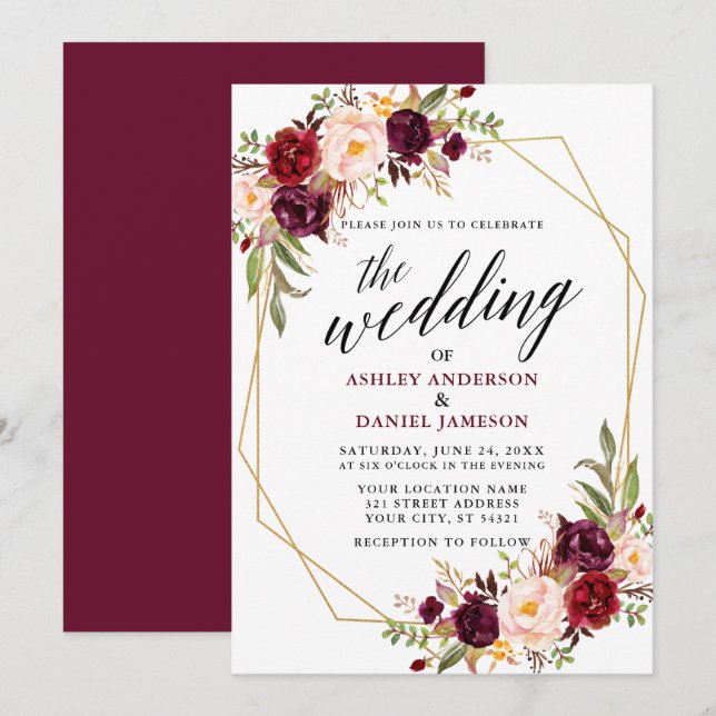 Invitation Calligraphie Mariage géométrique Bourgogne Floral (Devant / Derrière)
