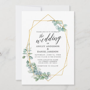 Invitation Calligraphie Mariage Gold Frame Eucalyptus Vert