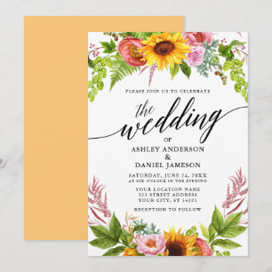 Invitation Calligraphie mariage Sunflower Boho Floral