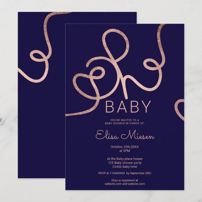 Invitation Calligraphie marine rose moderne or Oh baby shower (Devant / Derrière)
