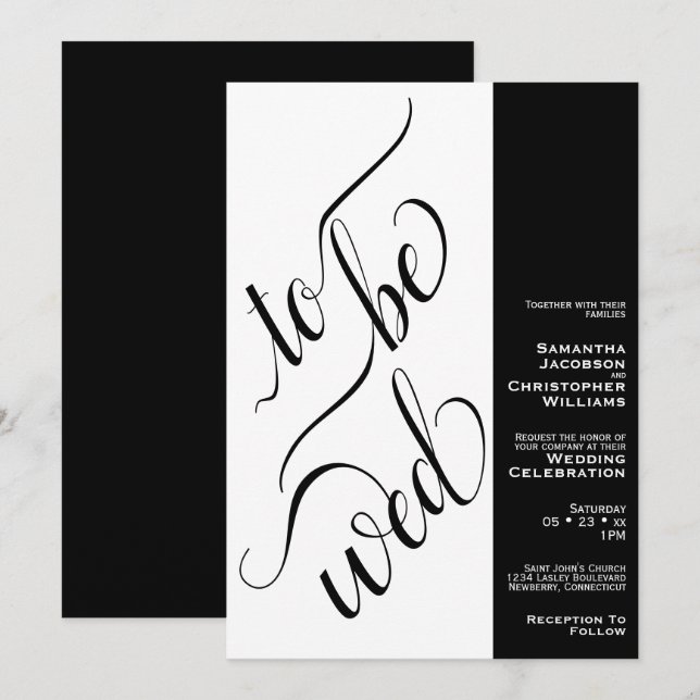 Invitation Calligraphie Minimale À Être Mer Noir Blanc Mariag (Devant / Derrière)