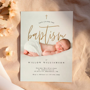 Invitation Calligraphie minimale d'or moderne Bébé Photo Bapt