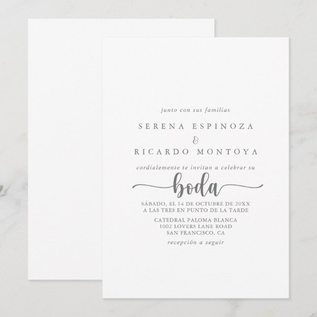 Invitation Calligraphie minimaliste espagnol Mariage d'argent (Devant / Derrière)